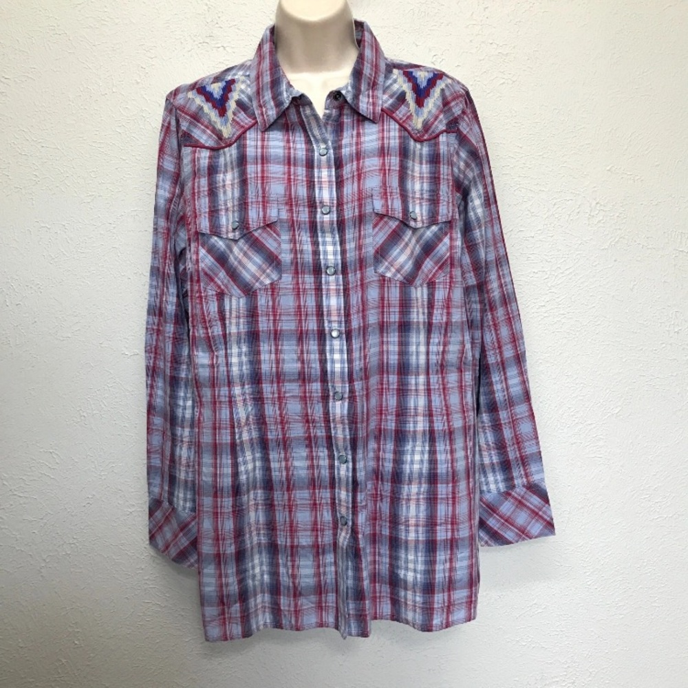 Ariat Real Western Shirt Womens 1X Blue Plaid Embroidered Long Sleeve Pearl Snap